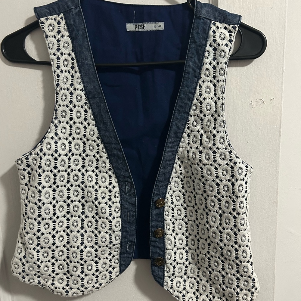 Women's Blue and White Lace Vest